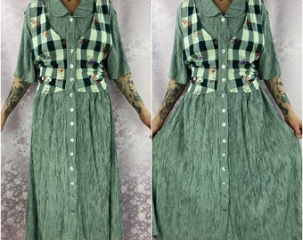 Vintage 90s maxi dress, button up gingham floral novelty long boho casual dress,unique checkered floral feminine long dress