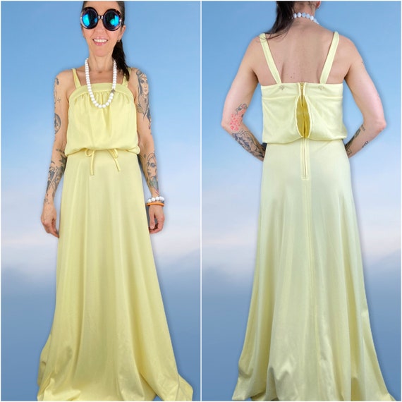 Vintage 70s sundress, pastel yellow maxi summer st