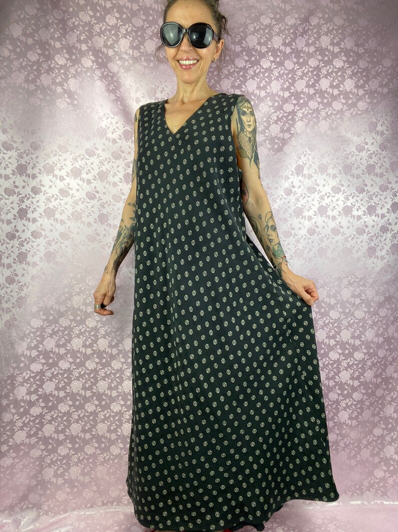 Vintage 90s Y2k maxi dress,silk charcoal black geometric kind dress,elegant feminine casual black silk long dress,size L maxi dress
