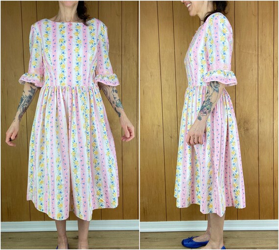 Vintage 60s 70s pastel polka dot floral dress,cot… - image 3