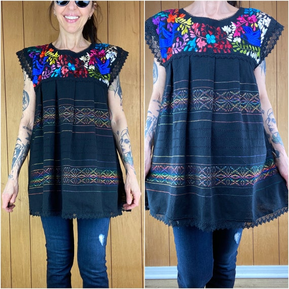 Vintage 90s Y2k blouse,embroidered black cotton f… - image 1