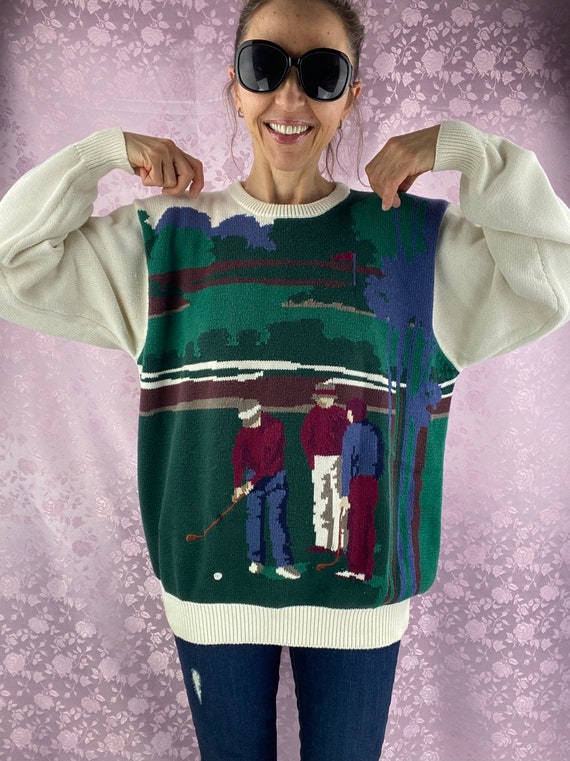 Vintage 90s cotton knit sweater,color block sweat… - image 2