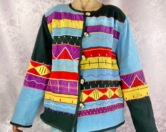 Vintage 90s Y2k geometric color block multicolored jacket,light cotton boho hippie novelty jacket,patchwork embroidered jacket