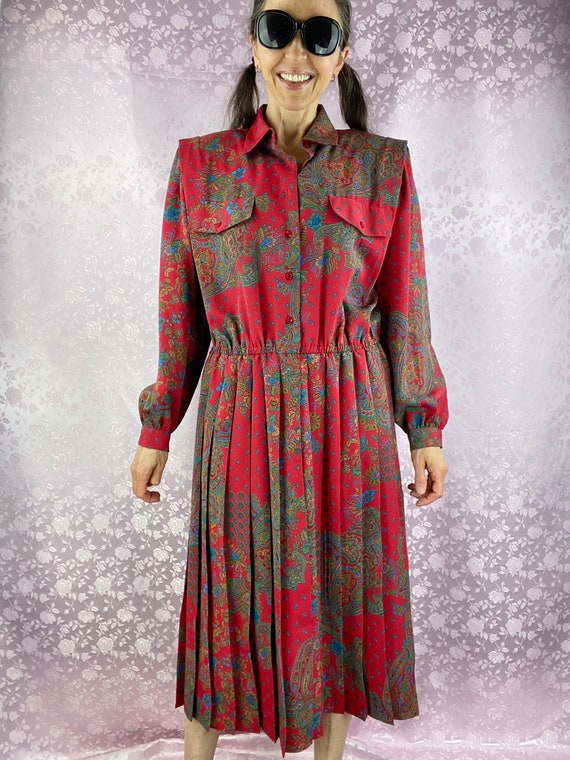 Vintage 90s midi pleated dress,deep red paisley f… - image 4