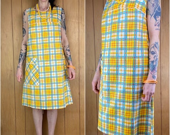 Vintage 60s midi cotton dress,checkered yellow blue pattern shift a-line dress with pockets,cotton sleeveless feminine cute summer dress