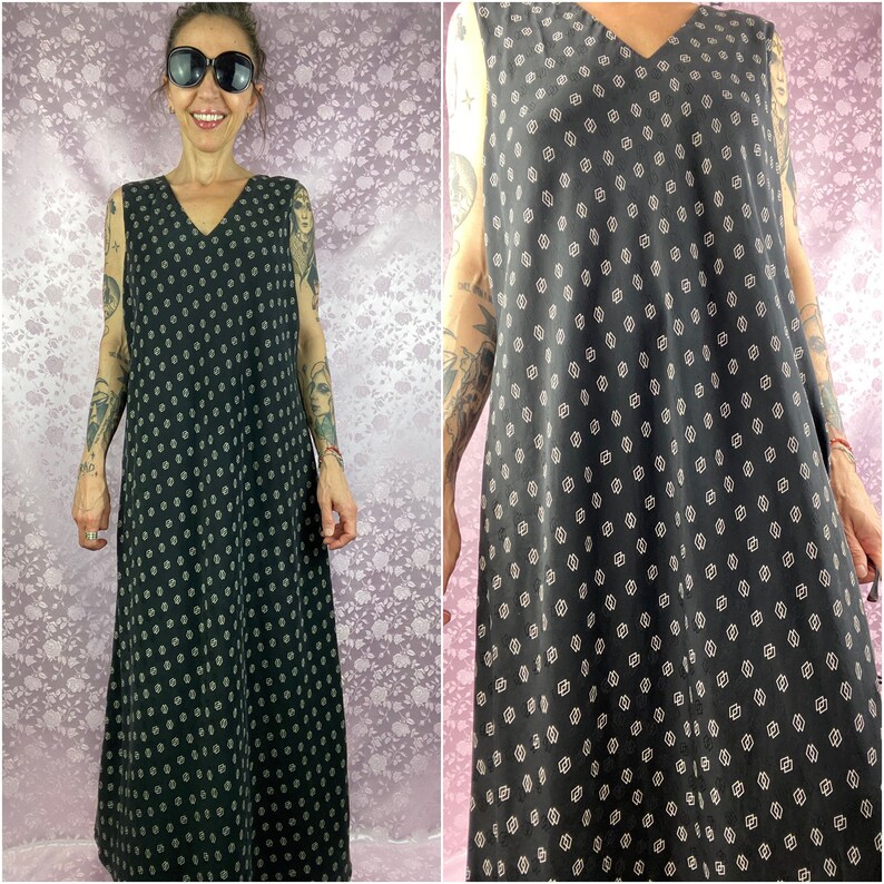 Vintage 90s Y2k maxi dress,silk charcoal black geometric kind dress,elegant feminine casual black silk long dress,size L maxi dress