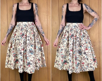 Vintage 60s 70s flora corduroy skirt,novelty graphic whimsical print multicolored high waist mod skirt,skater circle rockabilly pin up skirt