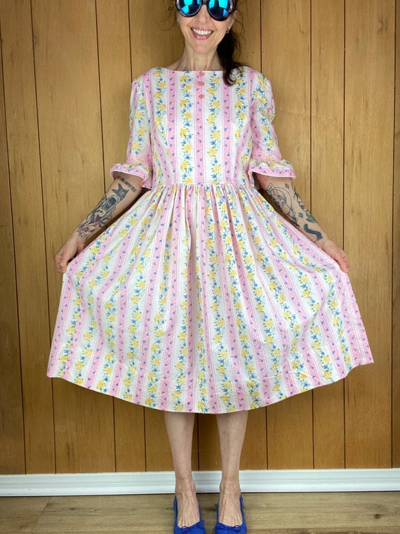 Vintage 60s 70s pastel polka dot floral dress,cot… - image 2