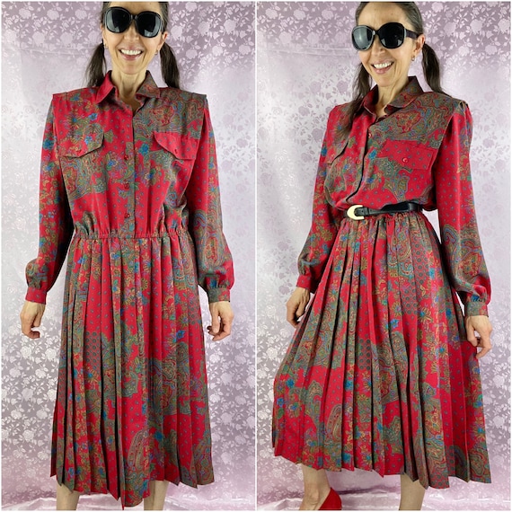 Vintage 90s midi pleated dress,deep red paisley f… - image 1