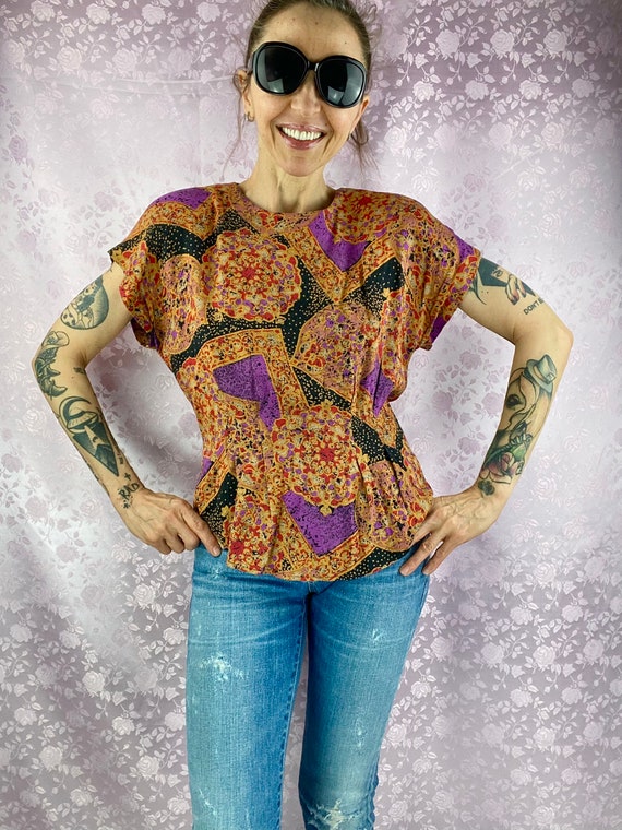 Vintage 90s floral abstract blouse,multi colored … - image 1