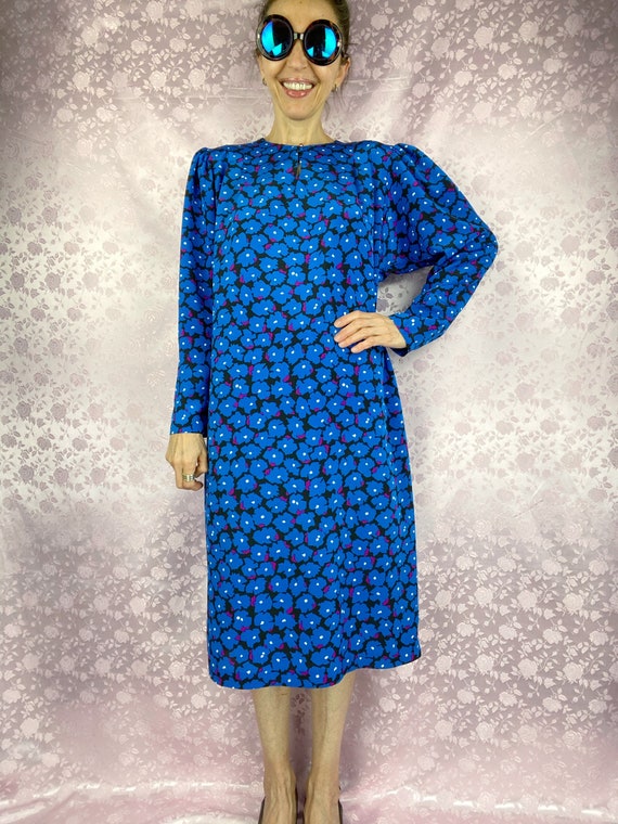 Vintage 80s 90s floral abstract midi dress,blue p… - image 2