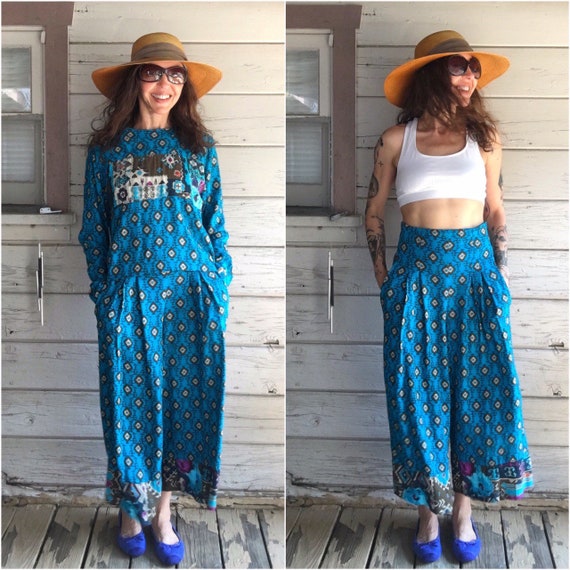 Vintage 90s pant suit,southwestern Aztec pattern folk… - Gem