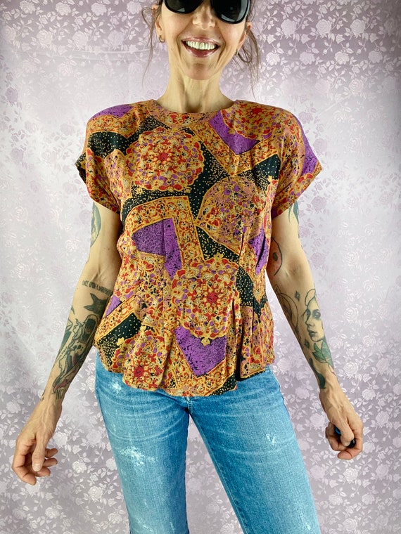 Vintage 90s floral abstract blouse,multi colored … - image 2