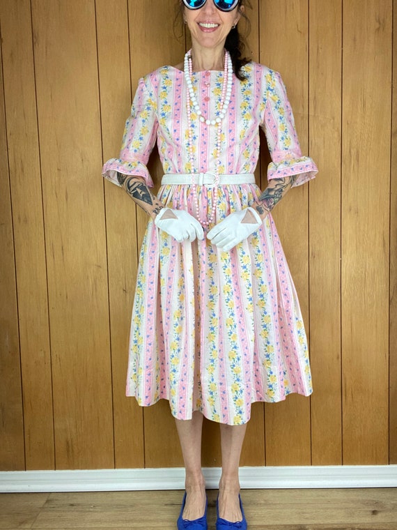 Vintage 60s 70s pastel polka dot floral dress,cot… - image 6