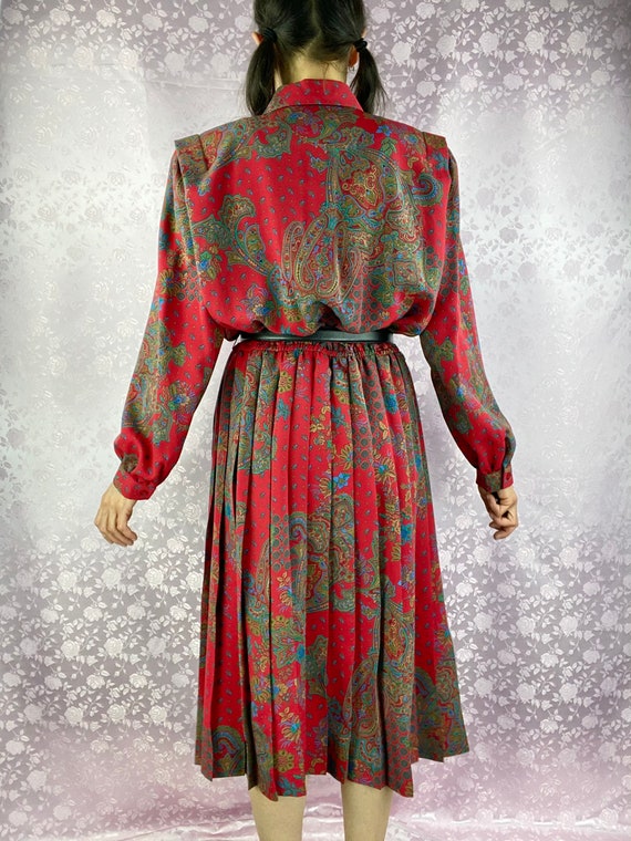 Vintage 90s midi pleated dress,deep red paisley f… - image 7