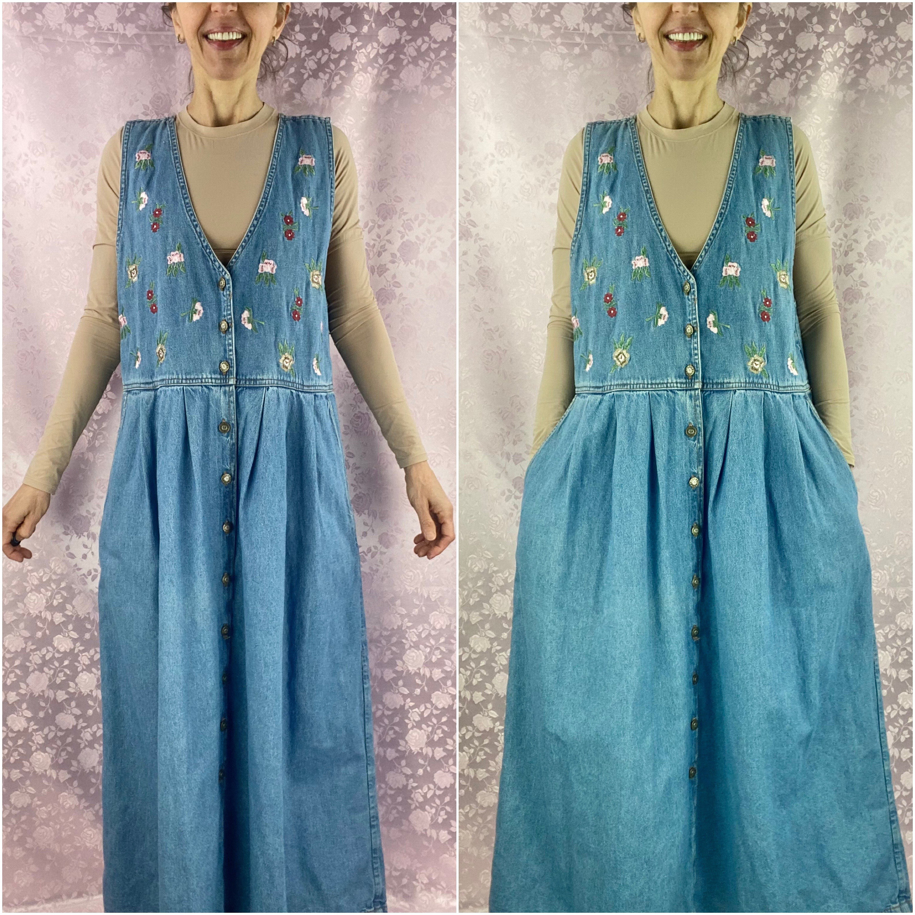 Vintage 90s Denim Maxi Dress,button up Embroidered Jean Dress,pinafore Denim  Dress With Pockets,boho Floral Long Denim Pinafore Dress - Etsy