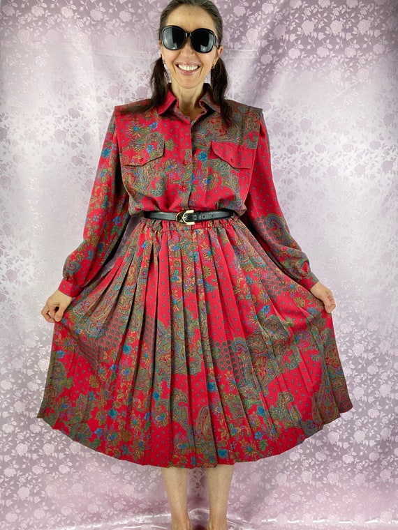 Vintage 90s midi pleated dress,deep red paisley f… - image 5