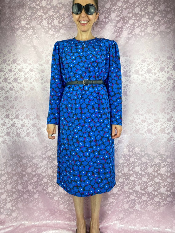 Vintage 80s 90s floral abstract midi dress,blue p… - image 6