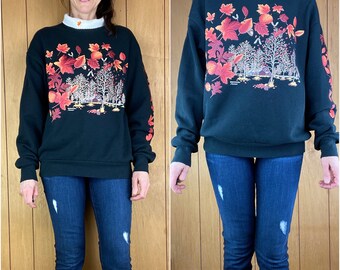 Vintage 90s graphic sweatshirt,floral plants nature theme graphic sweatshirt, black white foliage nature cotton sweatshirt,made in USA