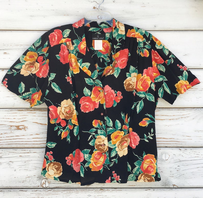 Vintage 90s blouse,Carol Little,floral summer shirt feminine blouse,boho chic shirt,colorful pattern,short sleeve,black,size M