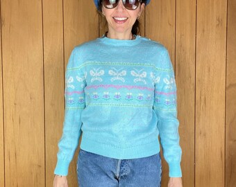 90s knit blue sweater,whimsical geometric floral polka dot sweater,pastel baby blue pink kawaii fairy butterfly pattern cute vintage sweater