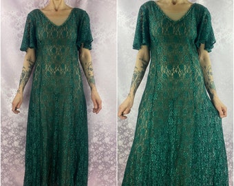 Vintage 90s lace maxi dress,emerald green long lace dress,feminine sexy semi sheer boho lacy dress,floral lace grunge dress