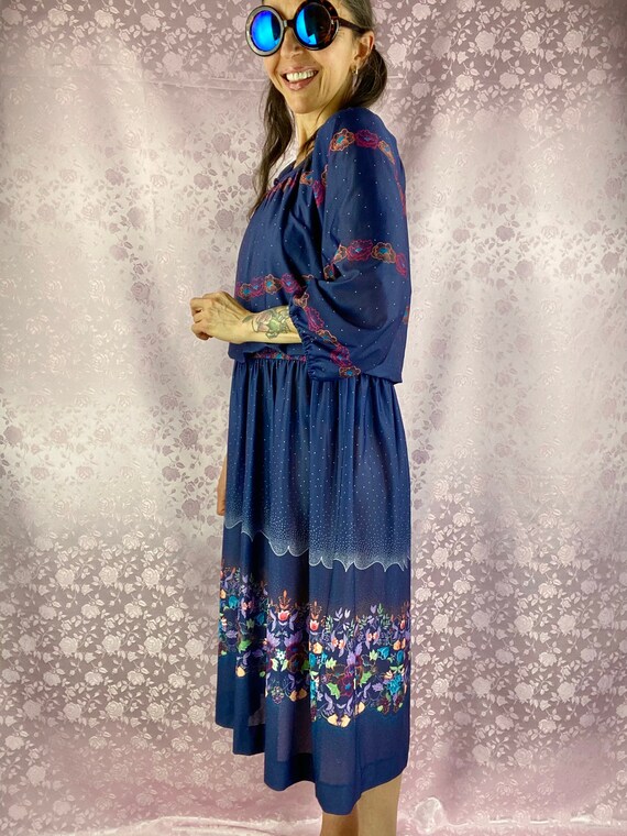 Vintage 70s dress,dark blue floral midi dress,boh… - image 6