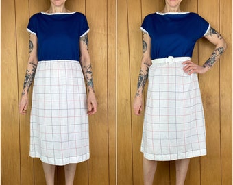 Vintage 90s midi dress,checkered solid pattern A line pencil dress,white blue preppy summer dress,casual lightweight summer sleeveless dress