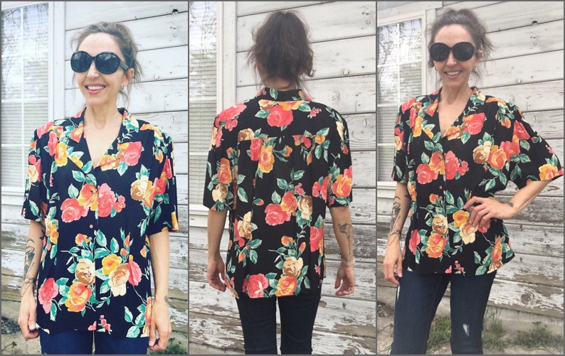 Vintage 90s blouse,Carol Little,floral summer shirt feminine blouse,boho chic shirt,colorful pattern,short sleeve,black,size M