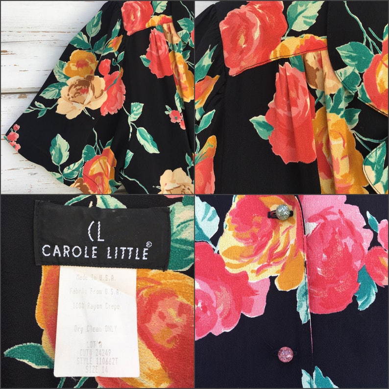 Vintage 90s blouse,Carol Little,floral summer shirt feminine blouse,boho chic shirt,colorful pattern,short sleeve,black,size M