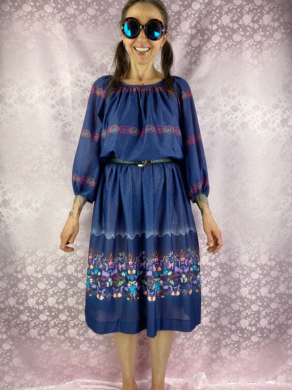 Vintage 70s dress,dark blue floral midi dress,boh… - image 2