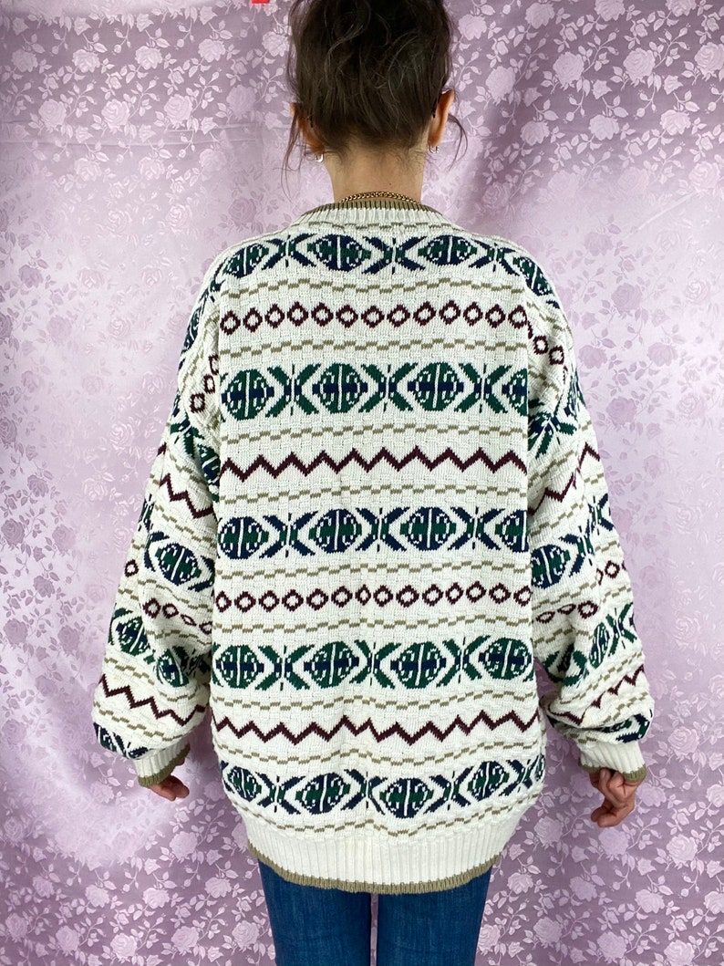 Vintage 90s cotton knit sweater,geometric soft winter sweater pullover by Bill Blass,multicolored unisex cozy cotton casual sporty sweater