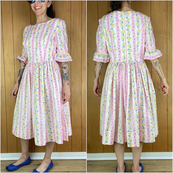 Vintage 60s 70s pastel polka dot floral dress,cot… - image 8