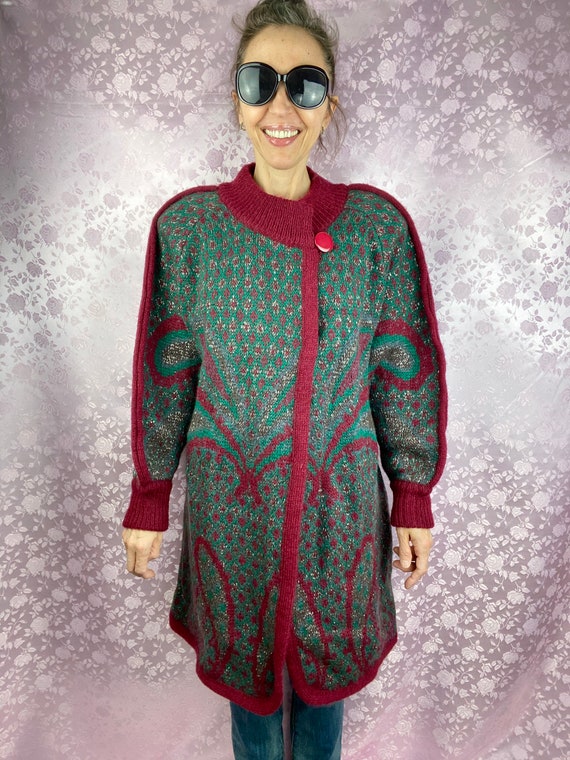 Vintage 80s 90s knit mohair coat,geometric abstrac