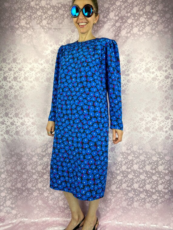 Vintage 80s 90s floral abstract midi dress,blue p… - image 3