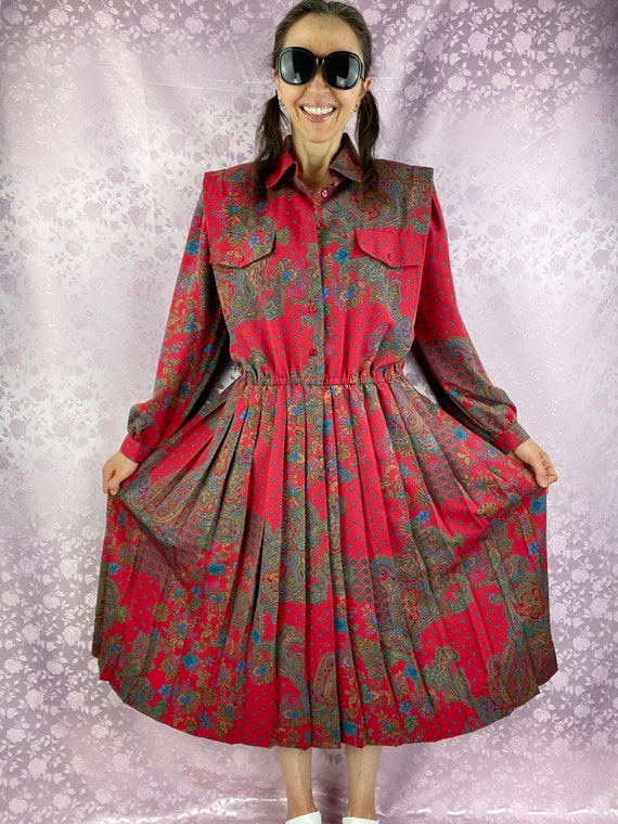 Vintage 90s midi pleated dress,deep red paisley f… - image 3