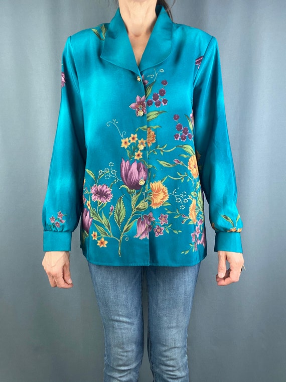 Vintage 90s Y2k blouse,floral blue pink multicolor