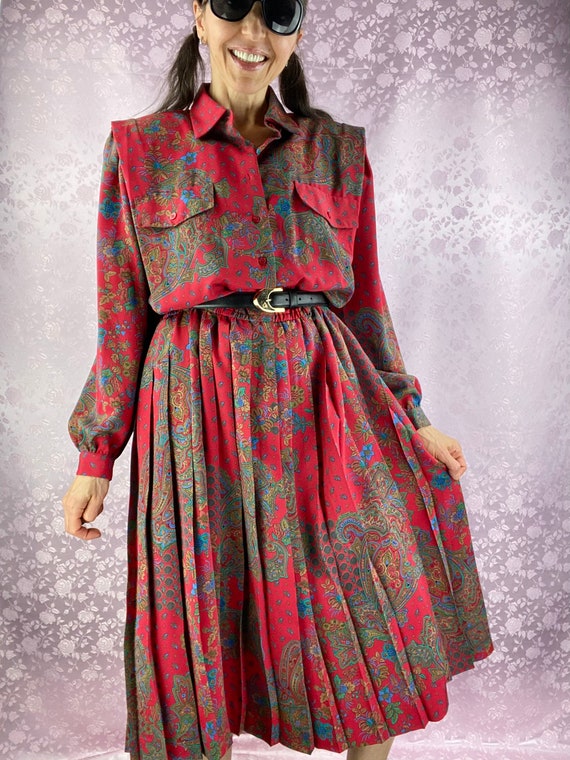 Vintage 90s midi pleated dress,deep red paisley f… - image 8