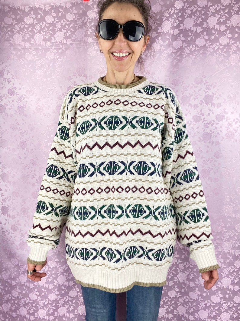 Vintage 90s cotton knit sweater,geometric soft winter sweater pullover by Bill Blass,multicolored unisex cozy cotton casual sporty sweater