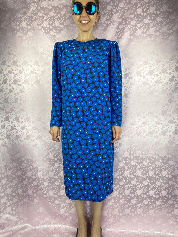 Vintage 80s 90s floral abstract midi dress,blue p… - image 10