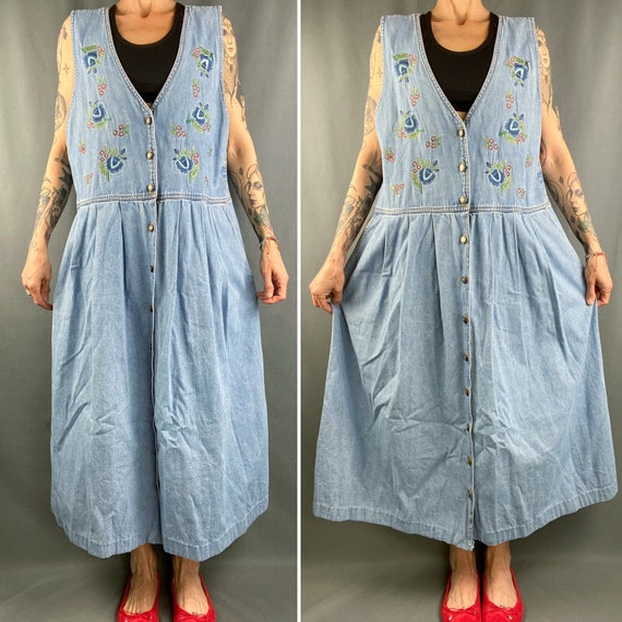 Vintage 90s overall dress,long denim embroidered p