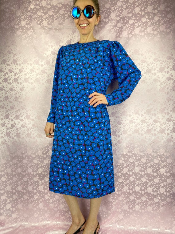 Vintage 80s 90s floral abstract midi dress,blue p… - image 7