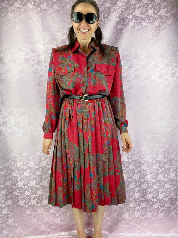 Vintage 90s midi pleated dress,deep red paisley f… - image 2