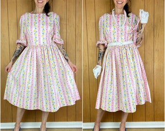 Vintage 60s 70s pastel polka dot floral dress,cotton pink blue yellow babydoll dress,handmade striped feminine boho cottagecore lace dress