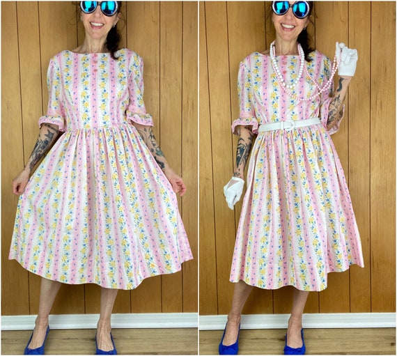 Vintage 60s 70s pastel polka dot floral dress,cot… - image 1