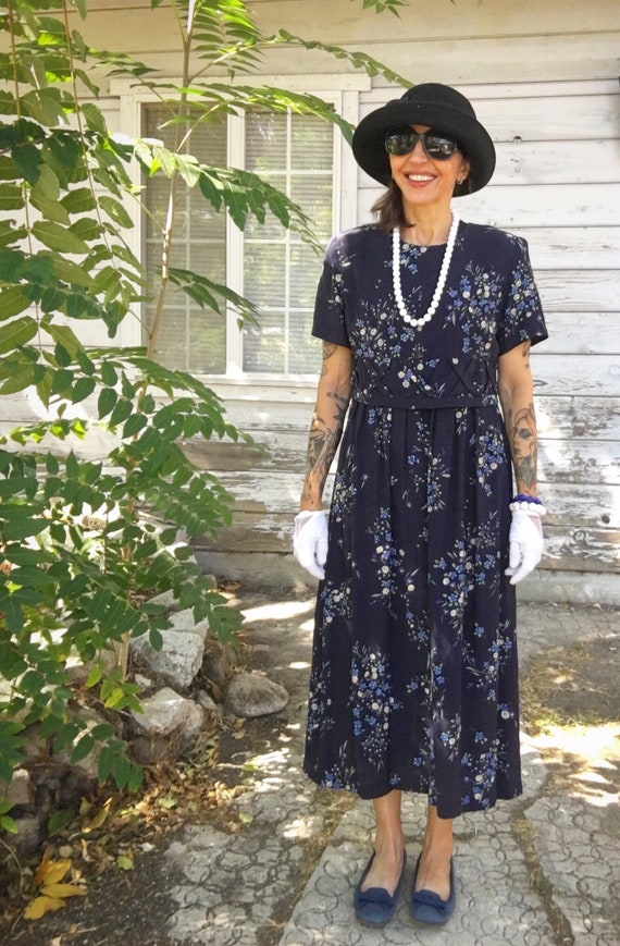 Vintage 80s 90s dress,dark blue white floral dress