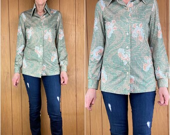 70s streetwear floral blouse,pastel floral paisley abstract fitted blouse,vintage pistachio mint green groovy feminine office elegant blouse