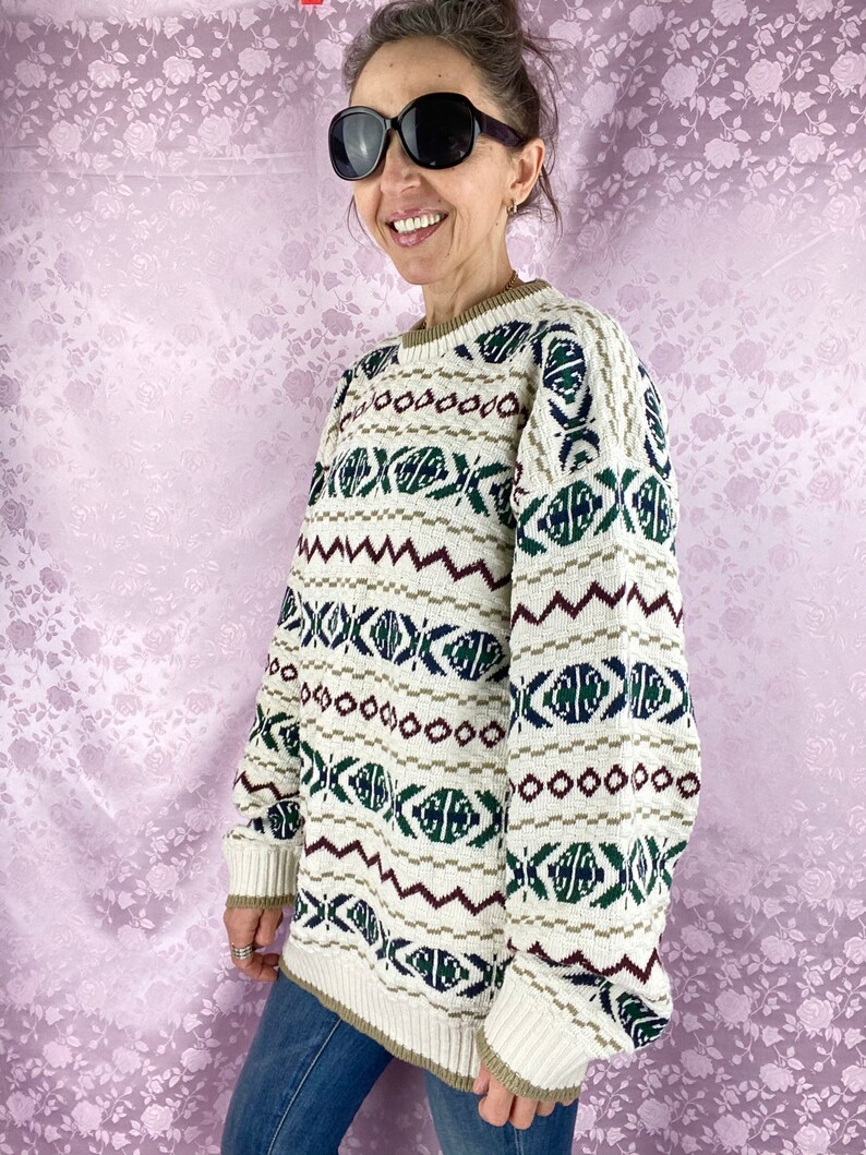 Vintage 90s cotton knit sweater,geometric soft winter sweater pullover by Bill Blass,multicolored unisex cozy cotton casual sporty sweater