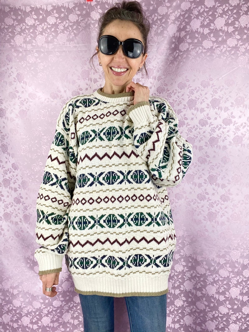 Vintage 90s cotton knit sweater,geometric soft winter sweater pullover by Bill Blass,multicolored unisex cozy cotton casual sporty sweater