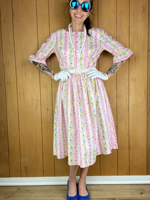 Vintage 60s 70s pastel polka dot floral dress,cot… - image 7